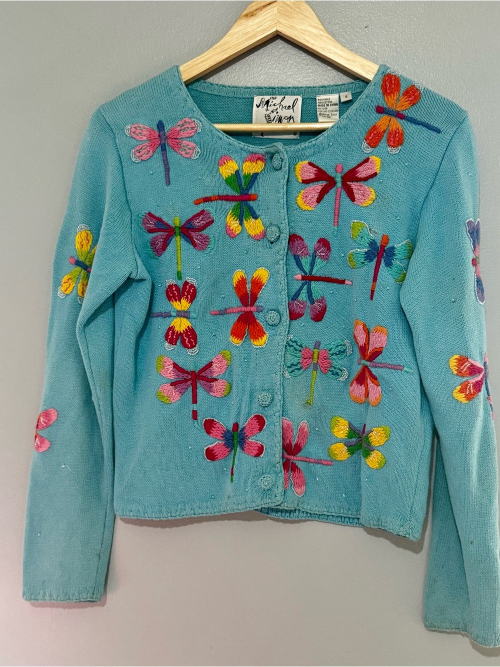 Michael Simon Turquoise Butterfly Dragonfly Embroidered  Cardigan Jacket